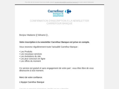 Confirmation d'inscription à la newsletter Carrefour Banque