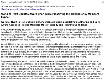 World of Hyatt Updates Award Chart While Preserving the Transparency Members Expect