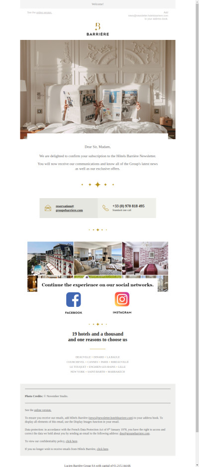 Your subscription to the Hôtels Barrière Newsletter