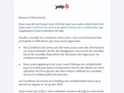 Mises à jour apportées à la Charte de Confidentialité et aux Conditions d’utilisation de Yelp