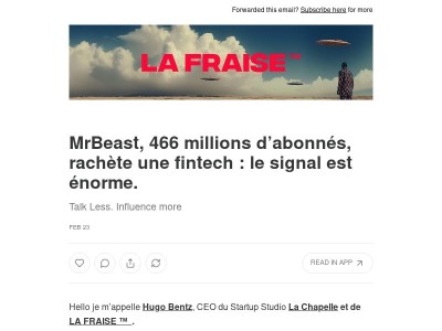 MrBeast, 466 millions d’abonnés, rachète une fintech : le signal est énorme.