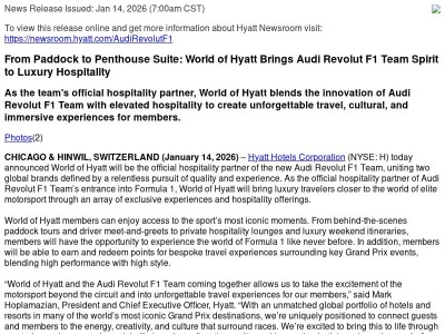 From Paddock to Penthouse Suite: World of Hyatt Brings Audi Revolut F1 Team Spirit to Luxury Hospitality