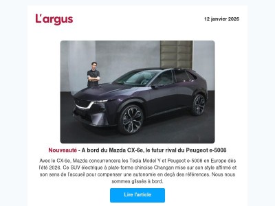 Lancement du 10e Baromètre Energies, nouveau Mazda CX-6e, toutes les Voitures de l'année depuis 1964, Top 15 des vidéos L''argus 2025