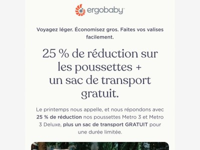 Économisez 25 % sur les poussettes + un sac de transport gratuit ☀️
