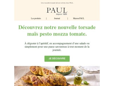🌽 Nouveau chez PAUL : découvrez notre torsade maïs pesto mozza tomate  