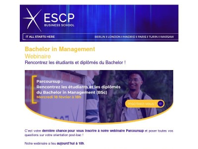 Webinaire Parcoursup – C’est aujourd’hui : rencontrez les étudiants et diplômés du Bachelor (BSc) !