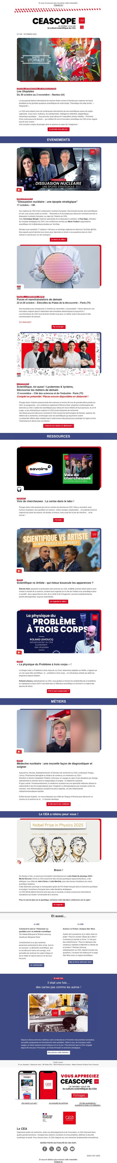 [CEASCOPE] : Retrouvez nous aux Utopiales ! / "Dissuasion nucléaire : une épopée stratégique / Scientifique, Toi aussi ! / Voix de chercheuses : La cerise dans le labo !