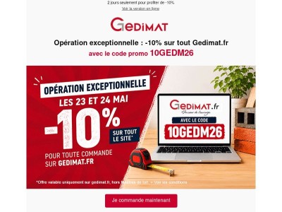 -10% sur tout le site Gedimat ce week-end avec le code 10GEDM26