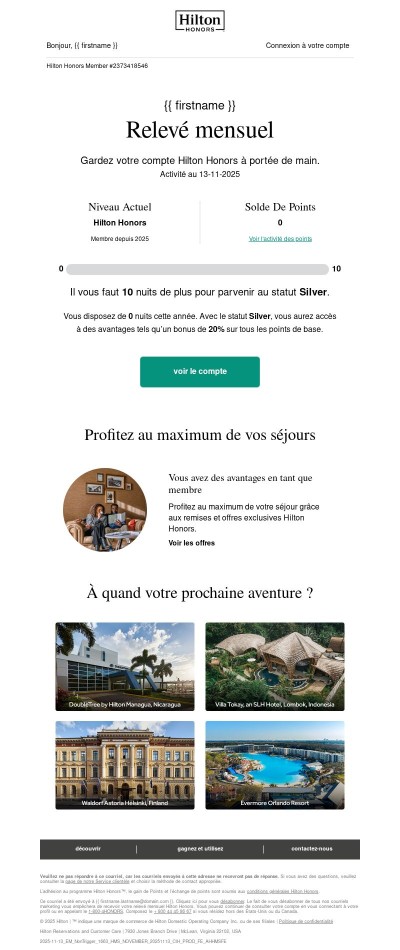 Votre relevé Hilton Honors pour novembre   