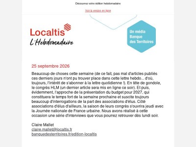 L'Hebdo Localtis du vendredi 25 septembre 2026