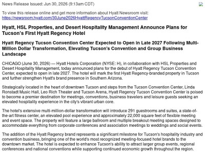 Hyatt, HSL Properties, and Desert Hospitality Management Announce Plans for Tucson's First Hyatt Regency Hotel