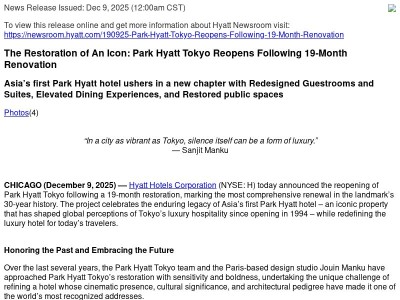 The Restoration of An Icon:Park Hyatt Tokyo Reopens Following 19-Month Renovation
