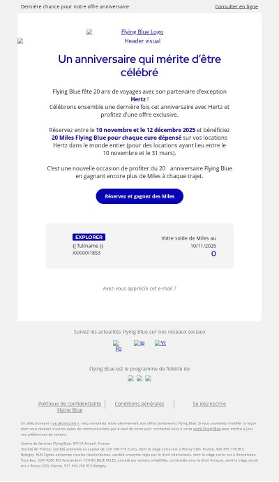 Célébrez les 20 ans de Flying Blue avec 20 Miles par euro chez Hertz