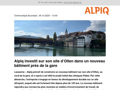 Communiqué de presse : Alpiq investit sur son site d’Olten dans un nouveau bâtiment près de la gare