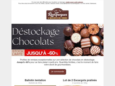 Déstockage chocolaté : jusqu'à -60% sur nos douceurs