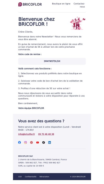 Confirmation de votre inscription à la newsletter BRICOFLOR Sàrl