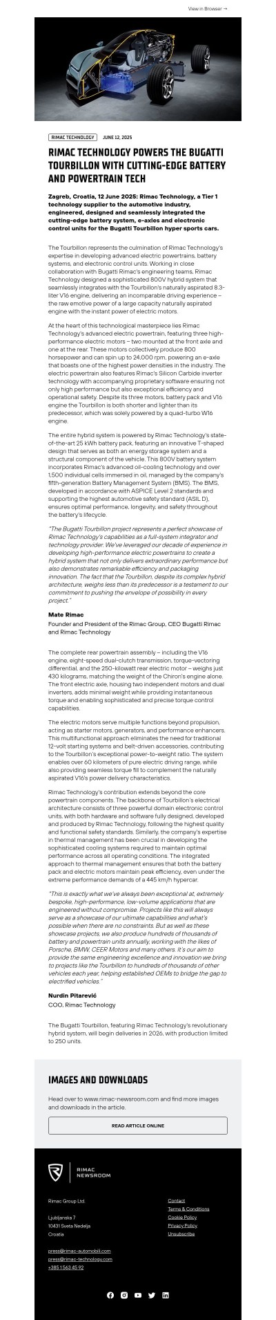 Rimac Technology Powers the Bugatti Tourbillon with Cutting-Edge Battery and Powertrain Tech