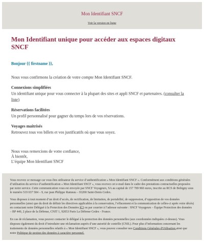 Mon Identifiant SNCF - Confirmation de création de compte
