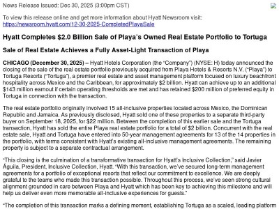 Hyatt Completes $2.0 Billion Sale of Playa’s Owned Real Estate Portfolio to Tortuga
