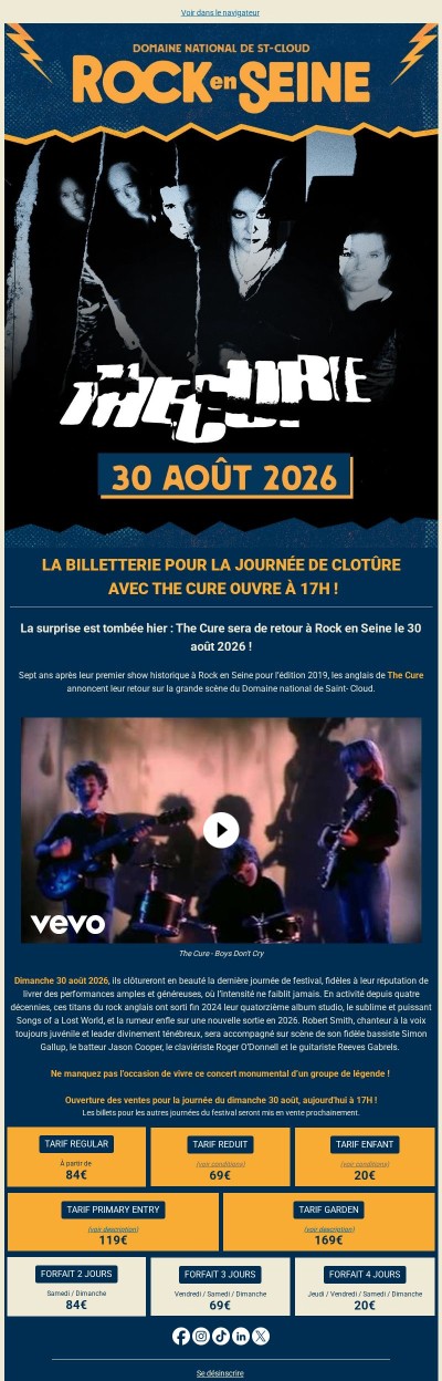 ⚡ Ouverture à 17H de la billetterie pour la journée du 30 août avec The Cure ! 