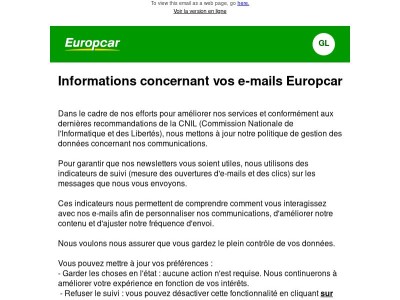 Informations concernant vos e-mails Europcar