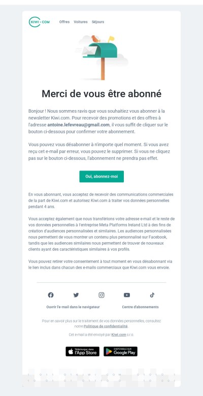 Confirmez votre abonnement à la newsletter Kiwi.com.