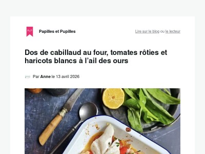 Dos de cabillaud au four, tomates rôties et haricots blancs à l’ail des ours