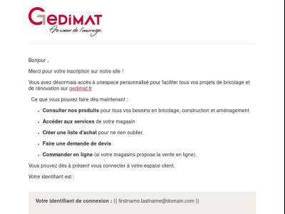 Confirmation d'inscription au site www.gedimat.fr