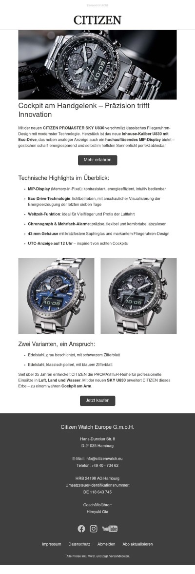 Cockpit am Arm: Die neue CITIZEN PROMASTER SKY U830