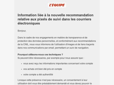 Information liée à la nouvelle recommandation relative aux pixels de suivi dans les courriers électroniques