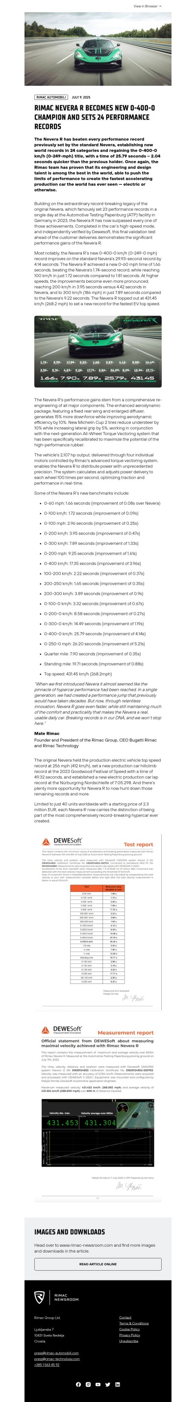 Rimac Nevera R Becomes New 0-400-0 Champion and Sets 24 Performance Records