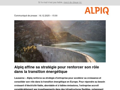 Communiqué de presse : Alpiq affine sa stratégie pour renforcer son rôle dans la transition énergétique