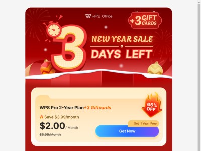 ⏰ Last Chance! Buy 2 Years of WPS Pro, Get 1 Year Free + 3 Gift Cards【WPS Office New Year Sale】