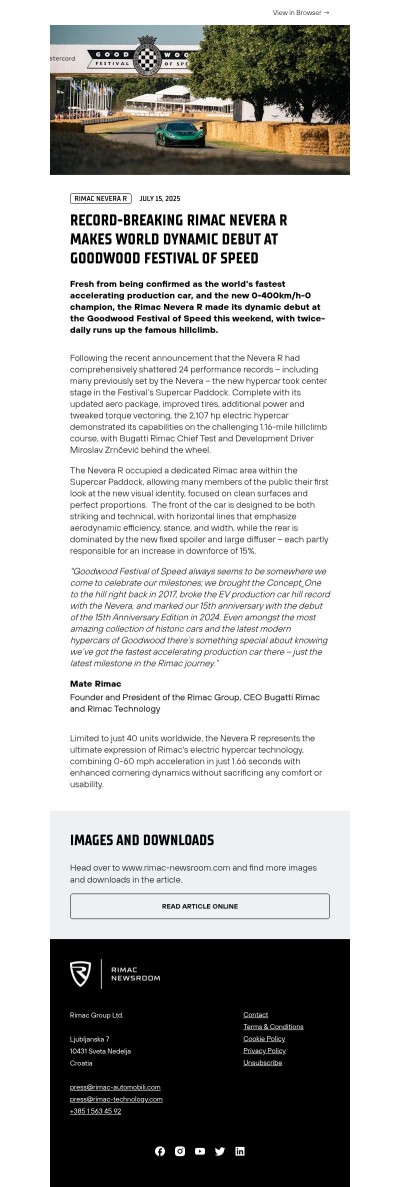 Record-Breaking Rimac Nevera R Makes World Dynamic Debut at Goodwood Festival of Speed