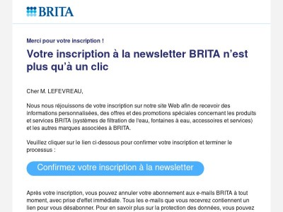 Confirmez votre inscription à la newsletter BRITA®, M. LEFEVREAU