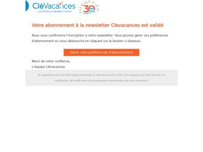 Votre abonnement à la newsletter Clevacances est validé