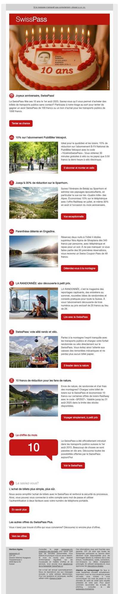 10 ans du SwissPass: offres spéciales anniversaire en juillet.