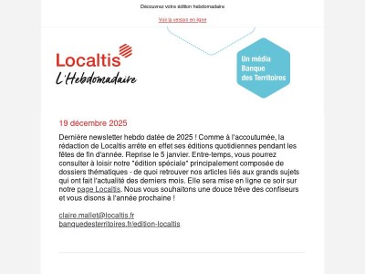 L'Hebdo Localtis du vendredi 19 décembre 2025