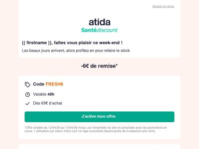 🌸 -6€ dès 69€ ce week-end !