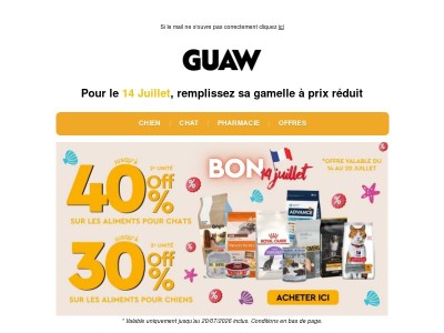 Pour le 14 Juillet, jusqu’à -40 % sur le 2ᵉ article pour chat et jusqu’à -30 % pour chien 💥