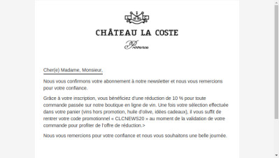 Chateau la Coste - Confirmation d'inscription