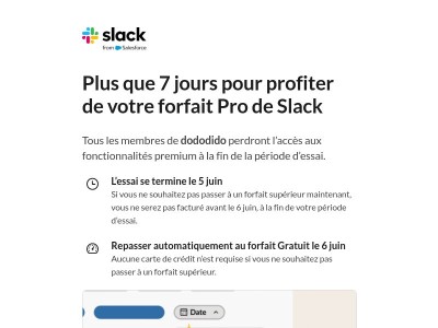 L’essai gratuit de dododido du forfait Pro de Slack se termine dans 7 jours