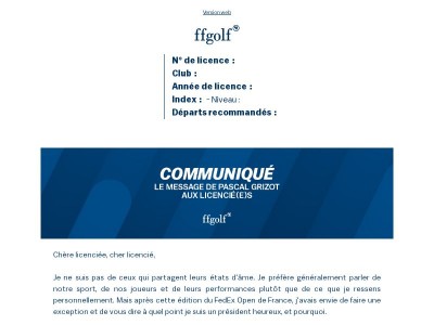⛳ Licenciés ffgolf : le message de Pascal Grizot