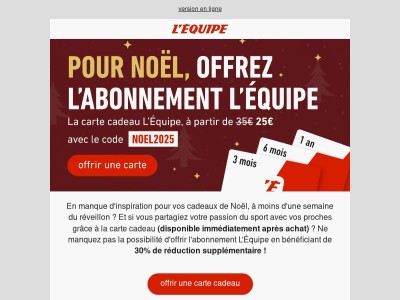 🎁 La carte cadeau L'Équipe à partir de 25€