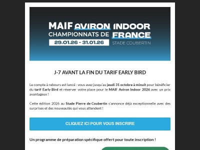 MAIF AVIRON INDOOR 2026 : J-7 avant la fin du tarif Early Bird