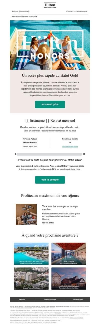 Votre relevé Hilton Honors pour décembre   