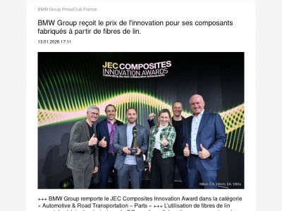  BMW Group reçoit le prix de l'innovation pour ses composants... (BMW Group PressClub France)