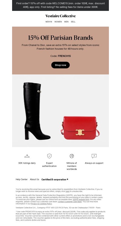 Flash Sale: 15% Off Parisian Brands