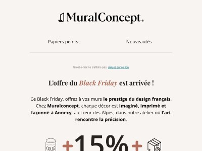 💎 Élégance française : -15% + colle & livraison offertes - Black Friday MuralConcept