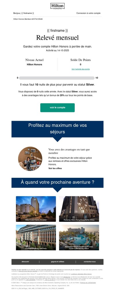Votre relevé Hilton Honors pour octobre   